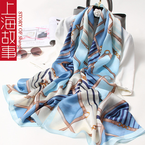 上海故事丝巾女士桑蚕丝100%真丝秋冬季新款高档气质蓝色围巾披肩
