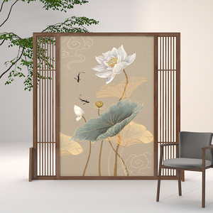 新中式木质入户荷花屏风隔断客厅进门遮挡卧室茶室实木玄关家用