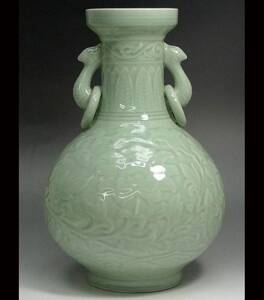 【叶落馆】70代中国龙泉青瓷 国营老厂 龙泉窑大双环牡丹赏瓶 中