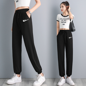 耐克韩版冰丝运动裤女士夏季宽松束脚薄款垂感灯笼休闲防蚊裤子