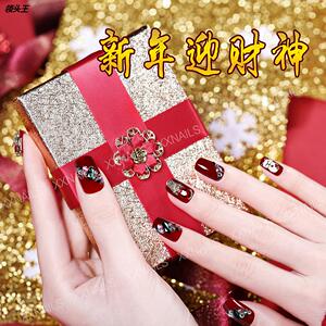 中国风美甲甲片成品大红色招财貔貅新年结婚中长穿戴假指甲贴片女