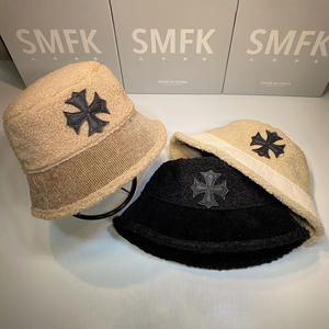 韩国秋冬款克罗心渔夫帽女chrome hearts十字架羊羔毛显脸小盆帽