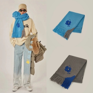 正品代购adererror2020新款毛边拼色花朵刺绣图案针织羊毛围巾2色