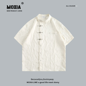 「古典中式」潮牌moxia丨小众设计感丨金属扣新中式翻领短袖衬衫