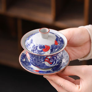 仿古青花三才盖碗泡茶碗带盖办公室家用功夫茶单个高档陶瓷茶杯