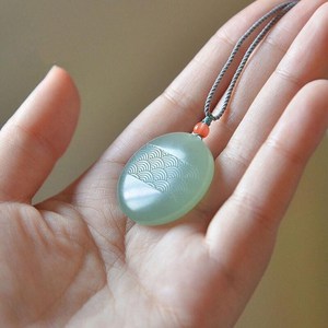 风生水起丨天然和田玉青玉圆形水波纹吊坠玉石保平安项链送妈妈