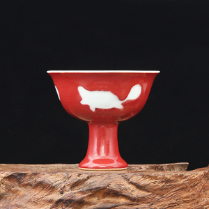 甯盛堂^高足杯三鱼纹宫杯祭红釉宣德明古董瓷器古玩古瓷器老货收