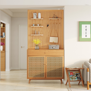 日式洞洞板实木玄关柜屏风隔断一体客厅长虹玻璃入户藤编进门鞋柜