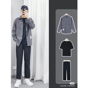 小红书潮男穿搭时尚日系网红套装条纹百搭微胖男生显瘦衬衫bf外套