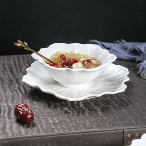 陶瓷燕窝甜品碗碟餐盘套装欧式家用早餐碗点心碟子浮雕花纹水果碗