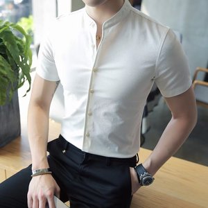 ins韩版潮牌中山领衬衫短袖男2023夏季新款纯色修身立领半袖衬衣