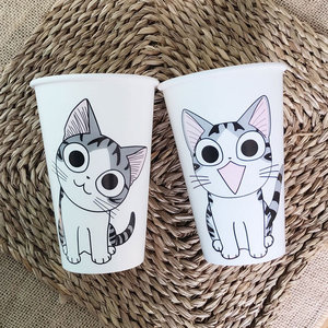 带盖加厚起司猫涂布纸咖啡杯纸杯500只奶茶一次性