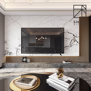 电视背景墙岩板瓷砖大理石轻奢悬空电视墙隐形门地台格栅定制墙板