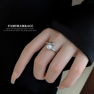 珍珠戒指女小众设计感银色开口食指时尚个性气质高级感冷淡风指环