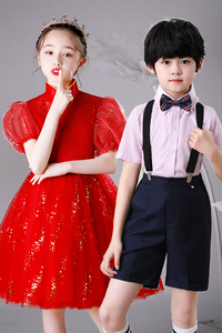 女童礼服公主裙小主持人六一儿童演出服红色高端中式朗诵比赛服装
