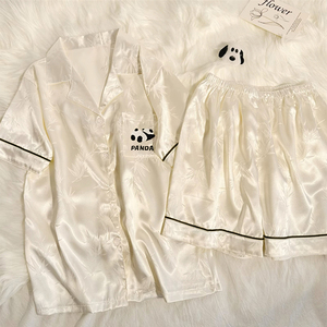 高级感熊猫冰丝睡衣女夏季薄款短袖2023年新款开衫可爱家居服套装