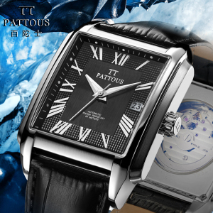 百陀士(pattous)手表男方形手表机械表全自动防水夜光皮带男表时