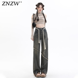 ZNZW美式复古女士牛仔裤阔腿裤女2024春季新款高腰直筒拖地长裤子