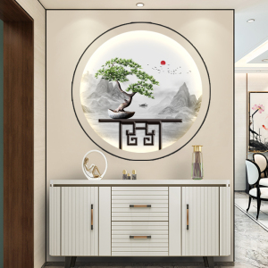 新中式圆形墙布3d立体壁画书房客厅玄关圆形造型壁纸山水圆形壁布