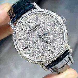 二手vc江诗丹顿满天星白金镶钻背透手动机械男表