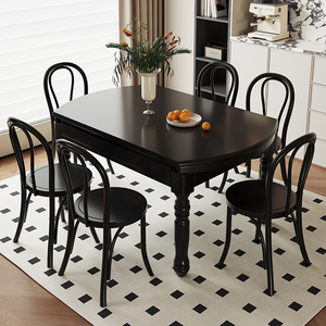 法式复古实木餐桌椅组合美式圆形餐桌长方形可伸缩折叠饭桌典雅黑