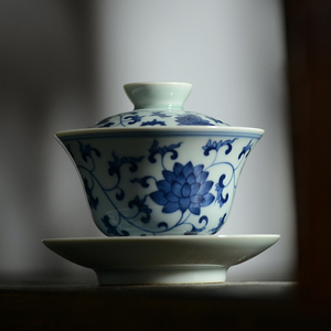 手绘青花瓷缠枝莲纹三才盖碗盖杯 景德镇手工仿古陶瓷茶碗茶杯