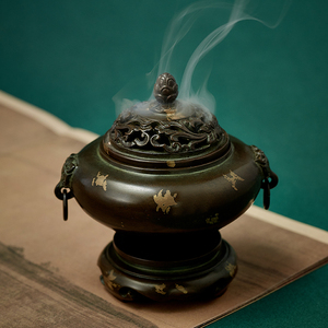紫铜香炉家用大号双环钵式套炉熏香炉仿古檀香盘香炉茶道纯铜香炉
