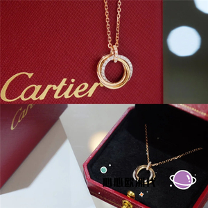 cartier/卡地亚三色金项链带钻18k金镶钻三环圆圈吊坠锁骨链女