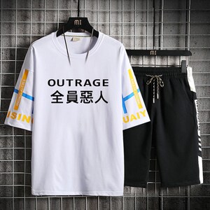 个性文字短袖男t恤衣服全员恶人夏季t恤短裤套装学生百搭日常潮