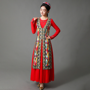 新疆舞长马甲女演出服成人背心长款维吾尔族服装艾德莱斯烫钻上衣