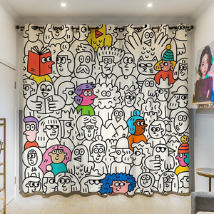 ins插画搞怪涂鸦全遮光宿舍免打孔窗帘家用飘窗隔热可定制隔断帘
