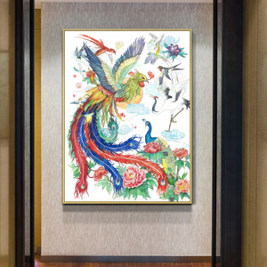 印花十字绣新款现代中式客厅玄关竖版百鸟朝凤钻石画圆钻套件丝线