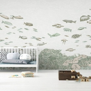 瑞典进口风格高端订制壁画海底鲸鱼鱼群壁纸男孩房儿童房环保墙布