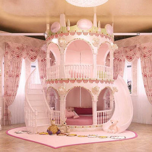 粉色公主床高低床子母床两层儿童床女孩实木上下床多功能滑滑梯床