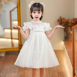 超仙女童白色连衣裙夏装2024新款儿童蕾丝白纱裙小女孩蓬蓬公主裙