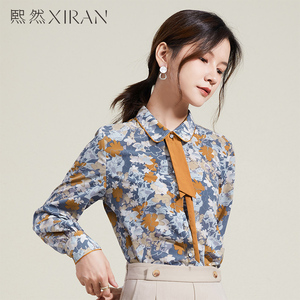 熙然2021秋季新款复古气质宽松翻领系带长袖碎花衬衫女士衬衣上衣