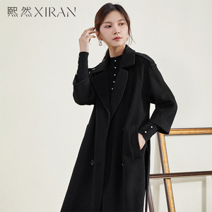 熙然2021冬装新款复古翻驳领收腰双排扣羊毛毛呢外套女中长款大衣