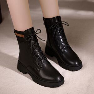 靴子女短靴平底带鞋带