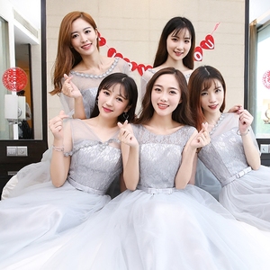 灰色姐妹团伴娘服长款2018新款韩版小礼服女聚会礼服裙派对连衣裙