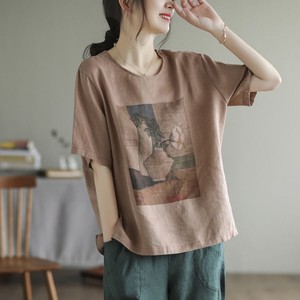 2024新款日系女装棉麻短袖圆领印花T恤夏季薄款休闲百搭半袖上衣.
