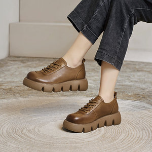 【清仓价】厚底松糕女鞋真皮复古单鞋手工牛皮百搭系带女皮鞋