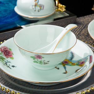 唇昧碗餐具家用景德镇五花马釉下彩陶瓷碗单个骨瓷碗盘碟勺组合