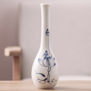中式复古手绘陶瓷花瓶青瓷净水供佛玉净禅意荷花书房装饰插花摆件