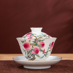 寿桃盖碗茶杯陶瓷茶具茶碗白瓷大号家用单个景德镇陶瓷仿古三才