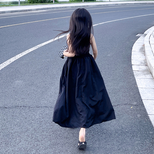 女童纯色韩版连衣裙夏季日常儿童小黑裙休闲针织长裙无袖露肩裙子