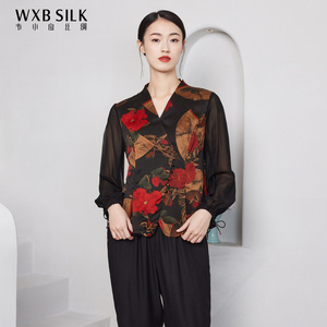 韦小宝春夏花色印花v领珍珠缎香云纱桑蚕丝真丝上衣2121101267