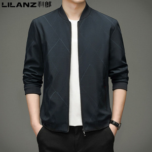 利郎男装正品夹克男青年春季新款棒球领格纹外套修身商务休闲上衣