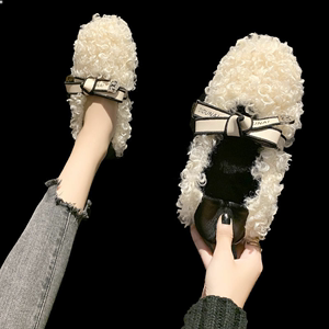 毛毛鞋女冬外穿冬季加绒棉鞋秋冬新款平底白色羊羔豆豆鞋显瘦减龄
