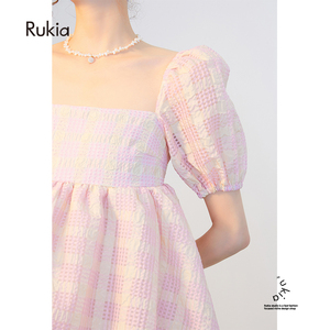 rukia/a字蓬蓬连衣裙粉色泡泡袖方领格子网纱夏法式初恋奶甜裙子