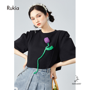 rukia/正肩t恤高级感小众立体花朵短款露脐短袖别致小上衣ins显瘦
